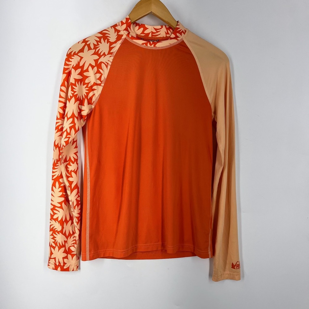 REI Co-op Kids Orange Floral Long Sleeve Rash‎ Guard Swim Shirt Peach Mock Neck